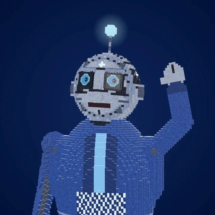 The noows robot anchor, built from silver and blue voxels, waving hello